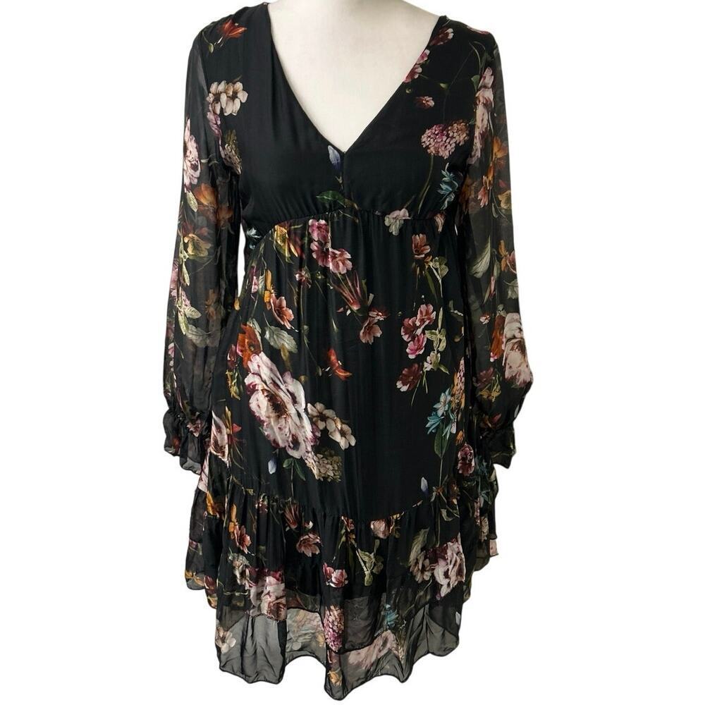 Bellambra Silk Blend Black Foral Babydoll Ruffle Hem Mini Dress XS Whimsigoth